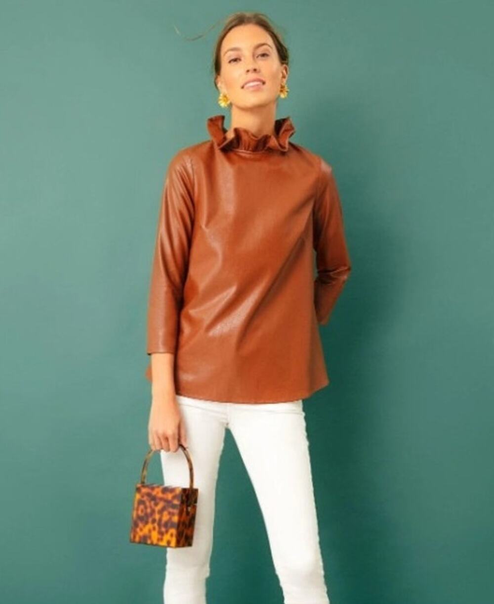 EUC TUCKERNUCK Cognac Faux Leather Ruffle Neck Back Bow Faye Blouse Top XL